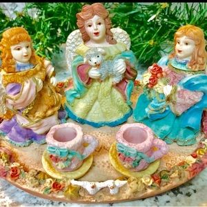 Vintage 80’s Miniature Angel with draped silver wings, lamb roses, resin 11pc 😇